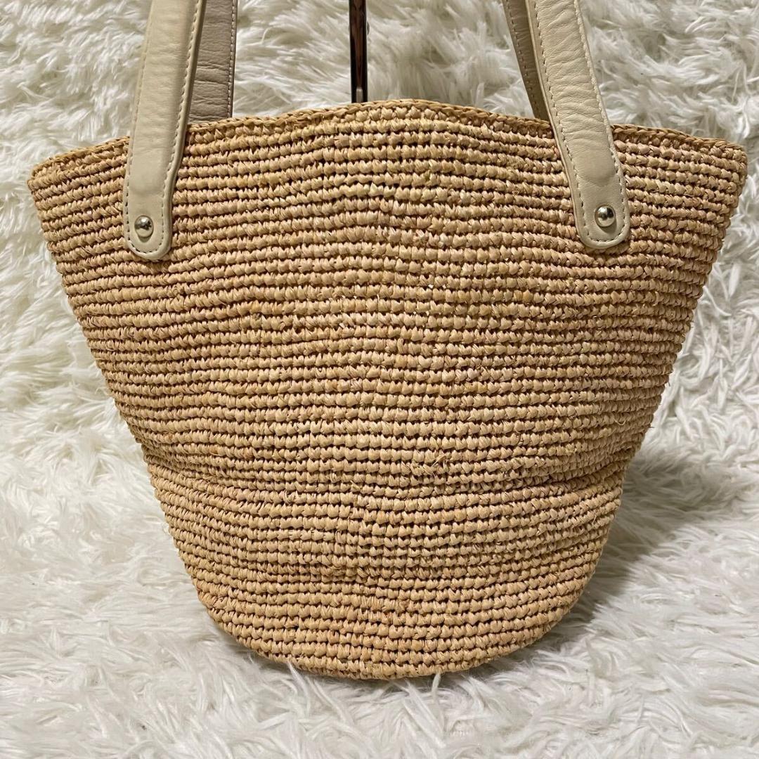 ヘレンカミンスキー カゴトートバッグ 舟形 ラフィア レザーハンドル チャーム