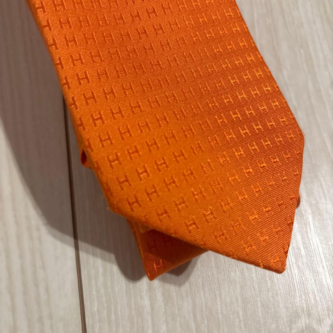 エルメス　ネクタイ　H織　ジャガード　オレンジ　シルク
