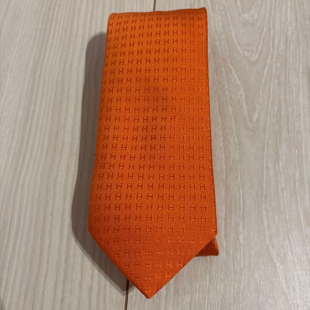 エルメス　ネクタイ　H織　ジャガード　オレンジ　シルク