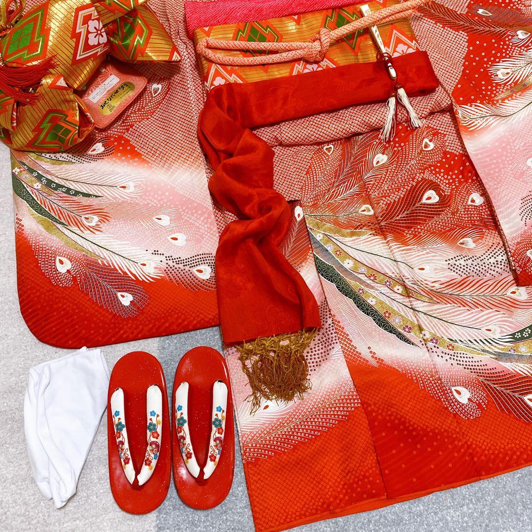 七五三 7歳 正絹 着物 作り帯 バッグ 草履 小物セット 鹿の子