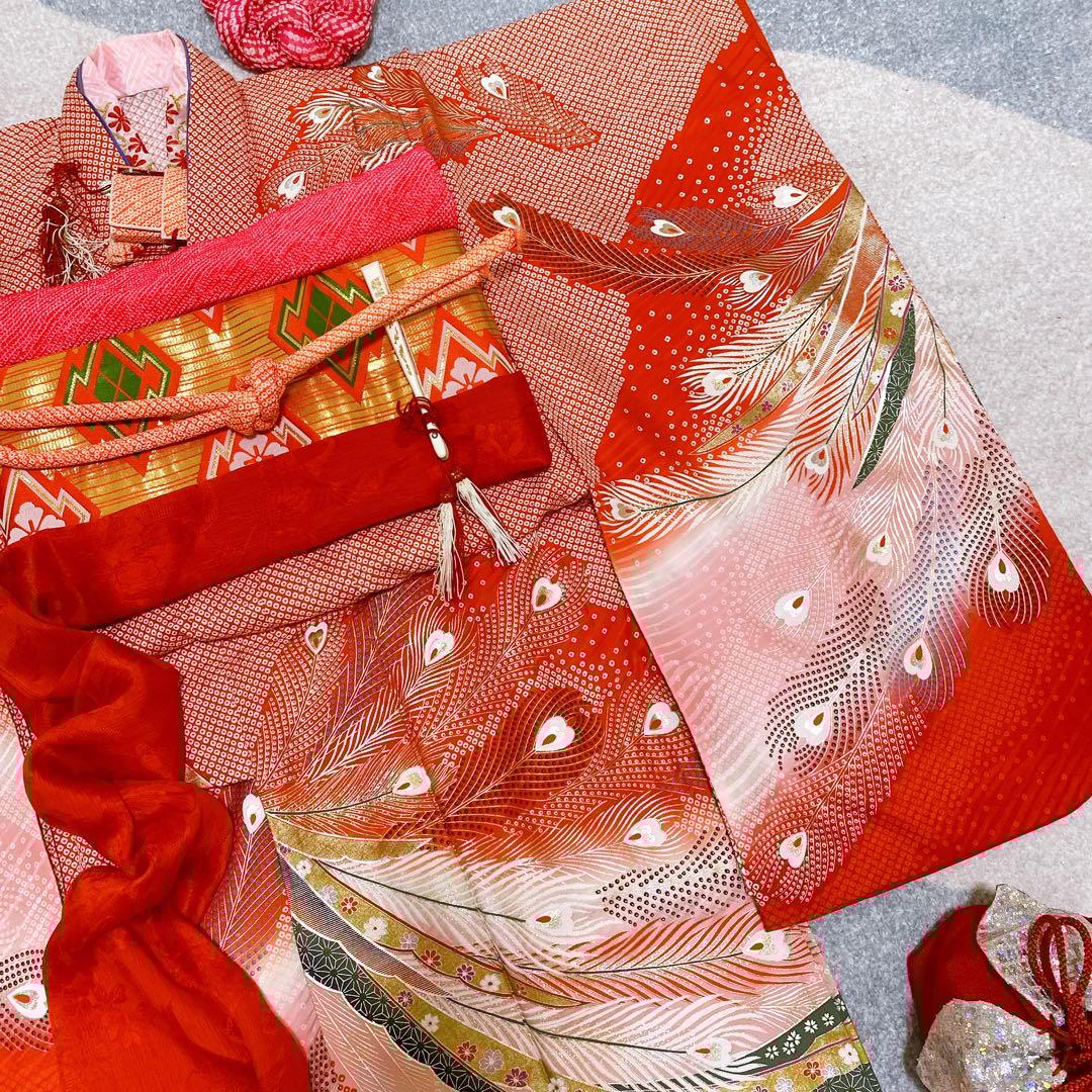 七五三 7歳 正絹 着物 作り帯 バッグ 草履 小物セット 鹿の子