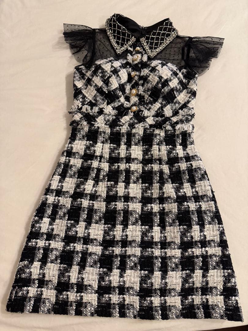 ROBE de FLEURS ツイードｘビジュー襟台形ミニキャバドレス XS