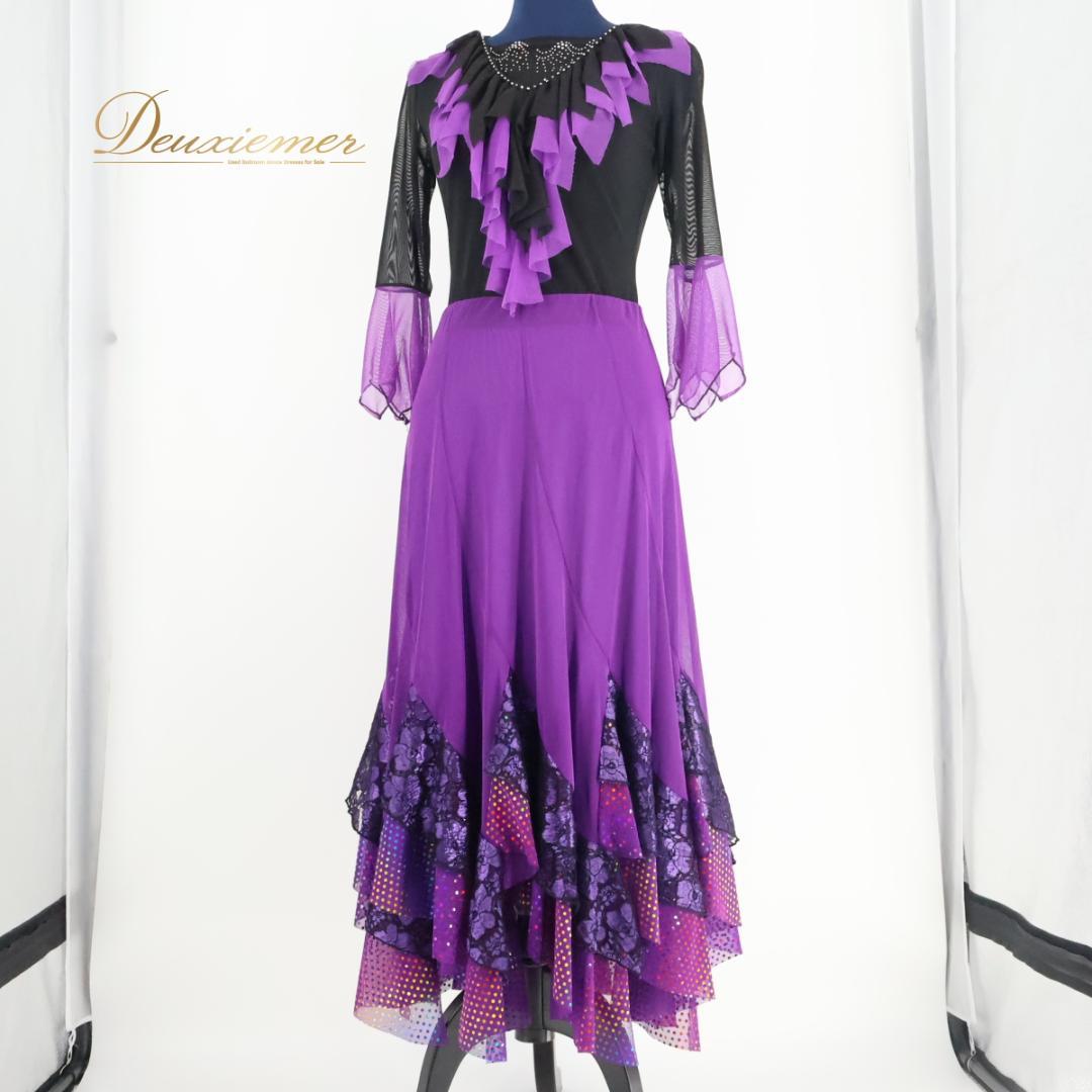 【美品 社交ダンス衣装】パープル トップス スカート 上下セット レッスン着 紫