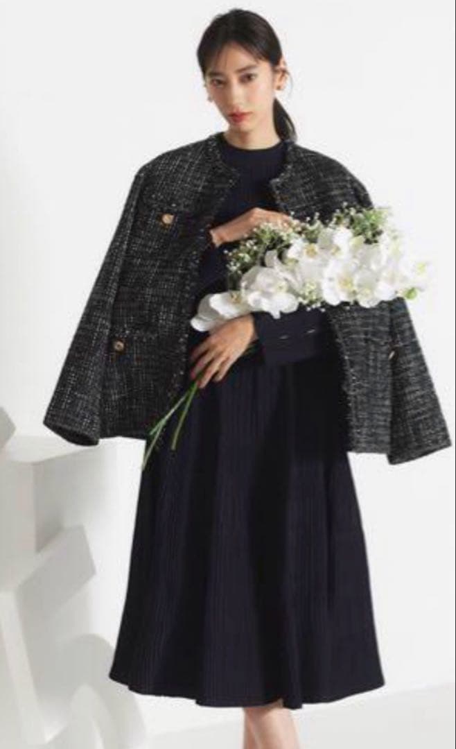 ♡新品同様♡セルフォード♡ノーカラーツイードジャケットコート♡ブラック系