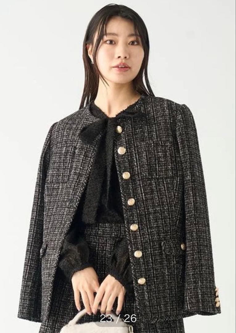 ♡新品同様♡セルフォード♡ノーカラーツイードジャケットコート♡ブラック系