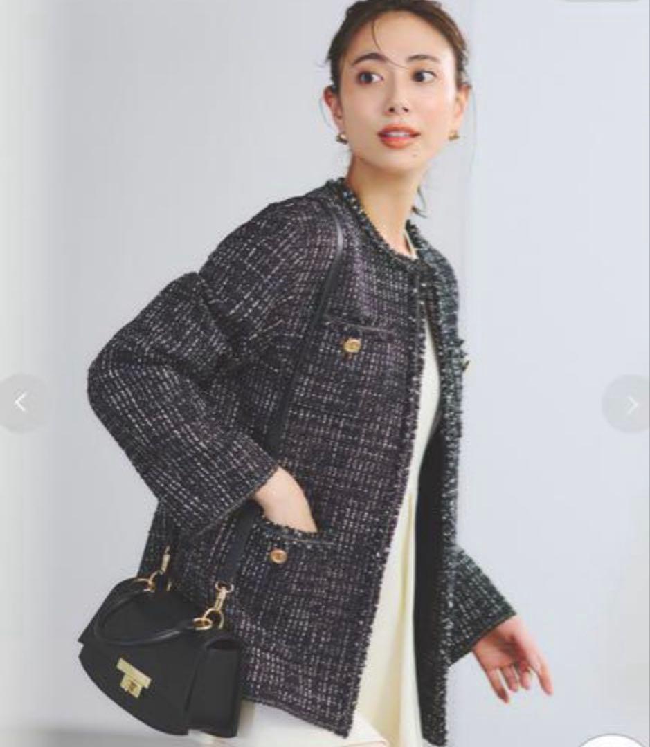♡新品同様♡セルフォード♡ノーカラーツイードジャケットコート♡ブラック系