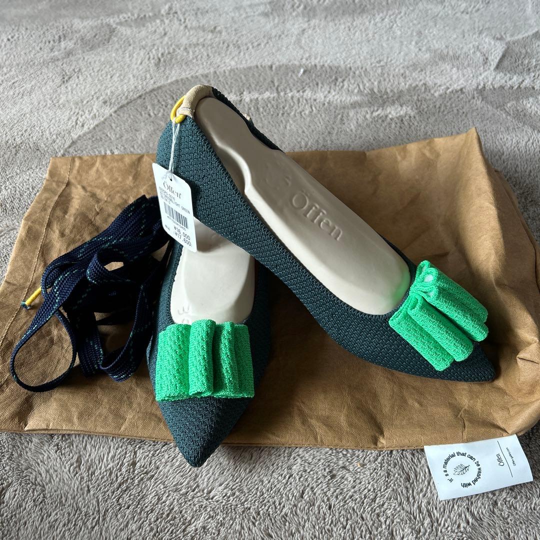 offenダークグリーン ポインテッドトゥ フラットシューズ