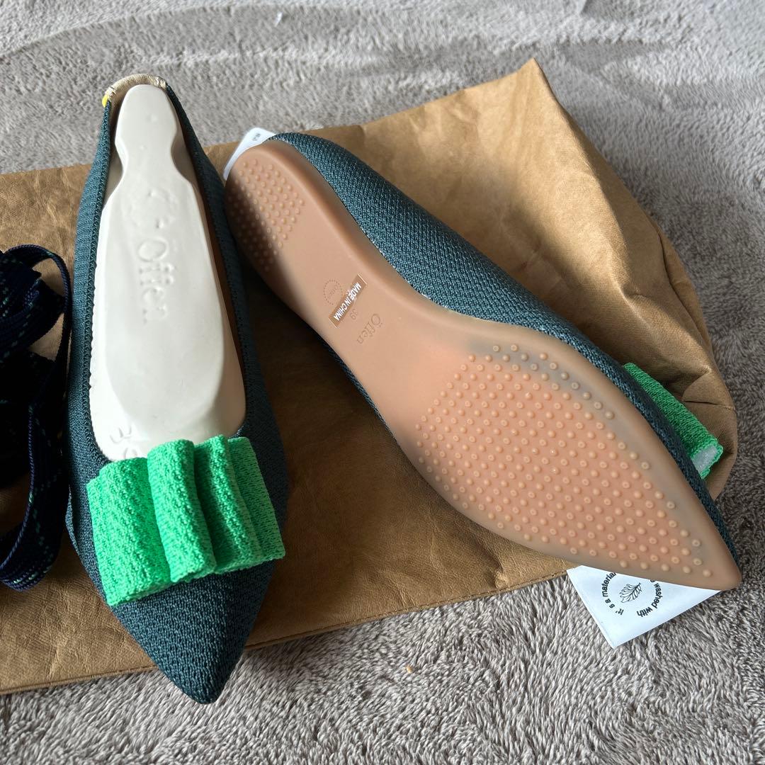 offenダークグリーン ポインテッドトゥ フラットシューズ