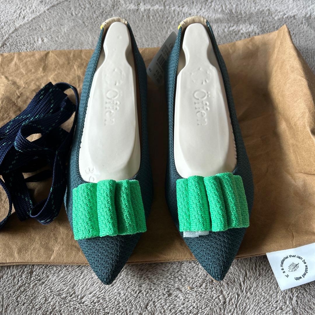 offenダークグリーン ポインテッドトゥ フラットシューズ