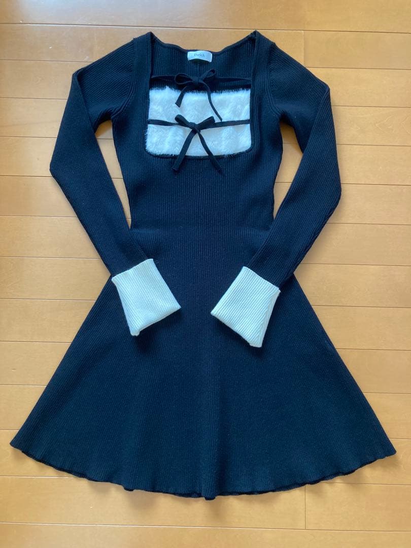 Darich リボンファーフレアニットミニワンピース　ブラック　FL