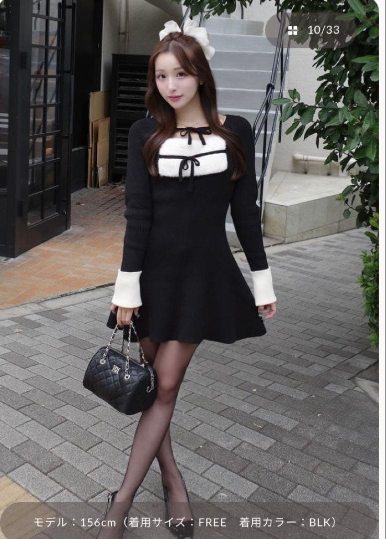 Darich リボンファーフレアニットミニワンピース　ブラック　FL