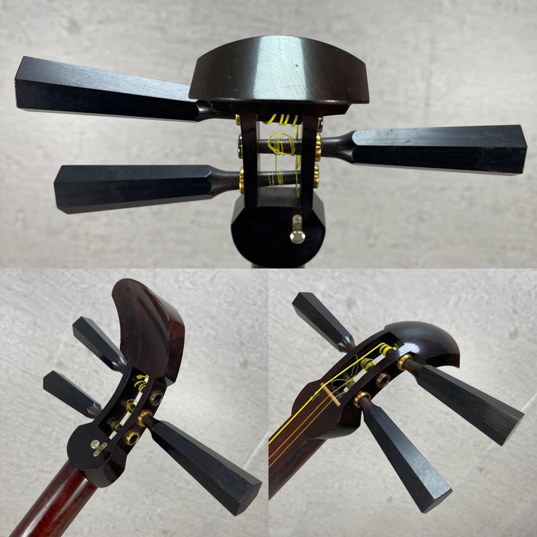 皮張り変え済み　津軽三味線　子持ち綾杉胴　紅木　金細　K9　二本溝　正寸