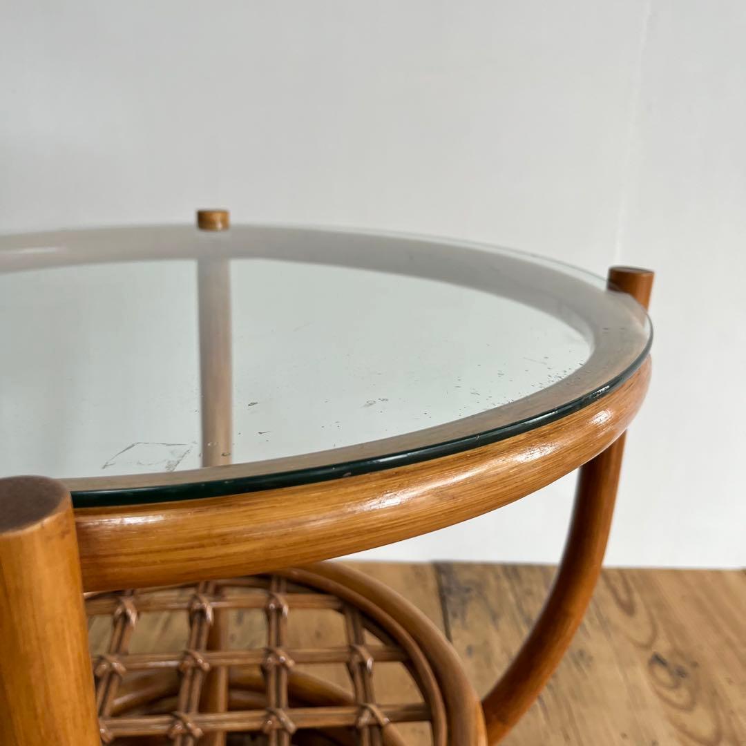 ヴィンテージ ラタン ガラス テーブル 籐 昭和レトロ z654