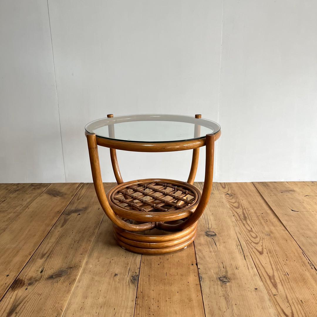 ヴィンテージ ラタン ガラス テーブル 籐 昭和レトロ z654