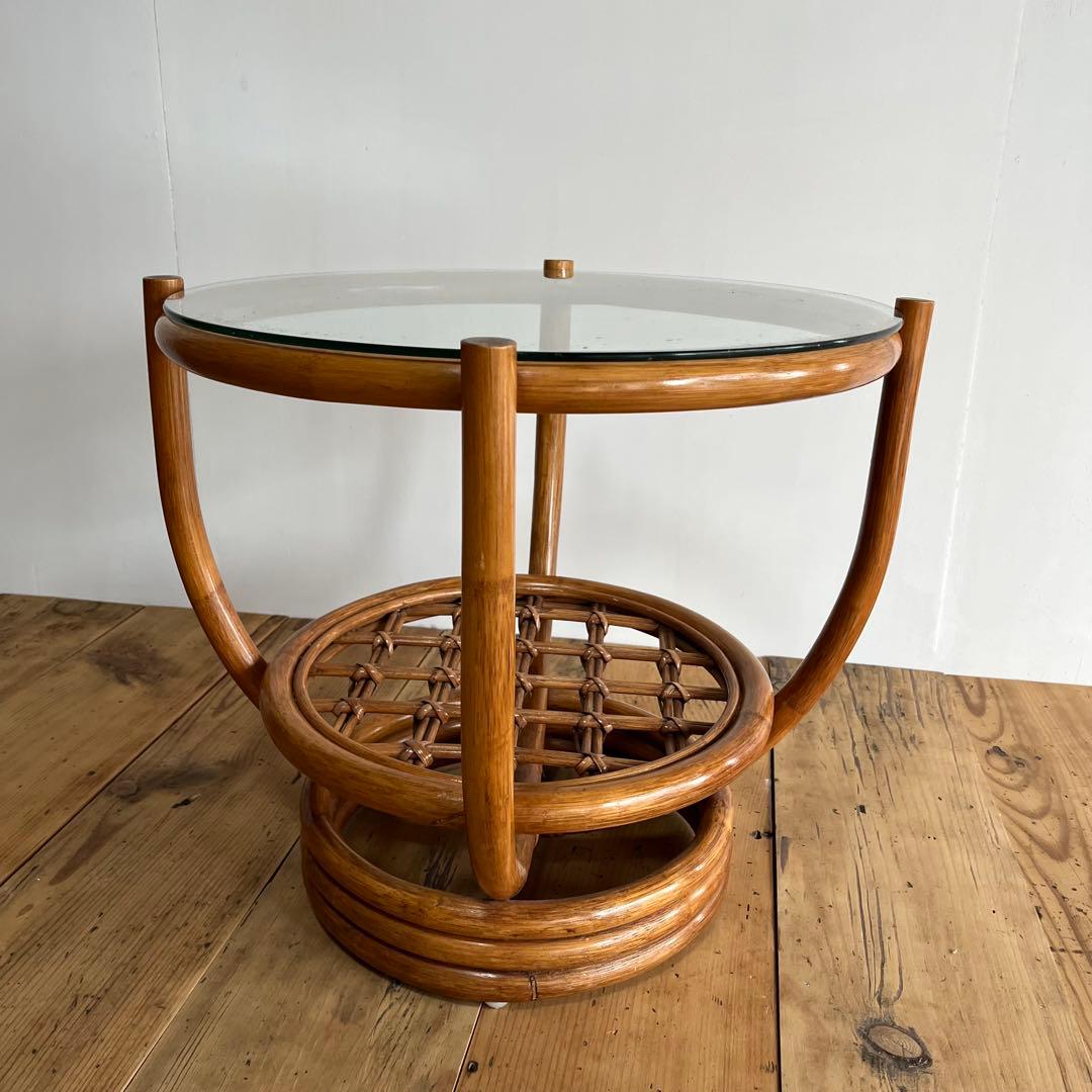 ヴィンテージ ラタン ガラス テーブル 籐 昭和レトロ z654