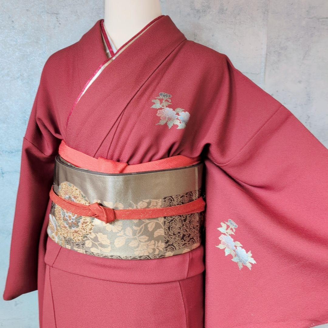 訪問着　フルセット　着物　正絹　赤　金　楽器　笛　バチ衿　O5