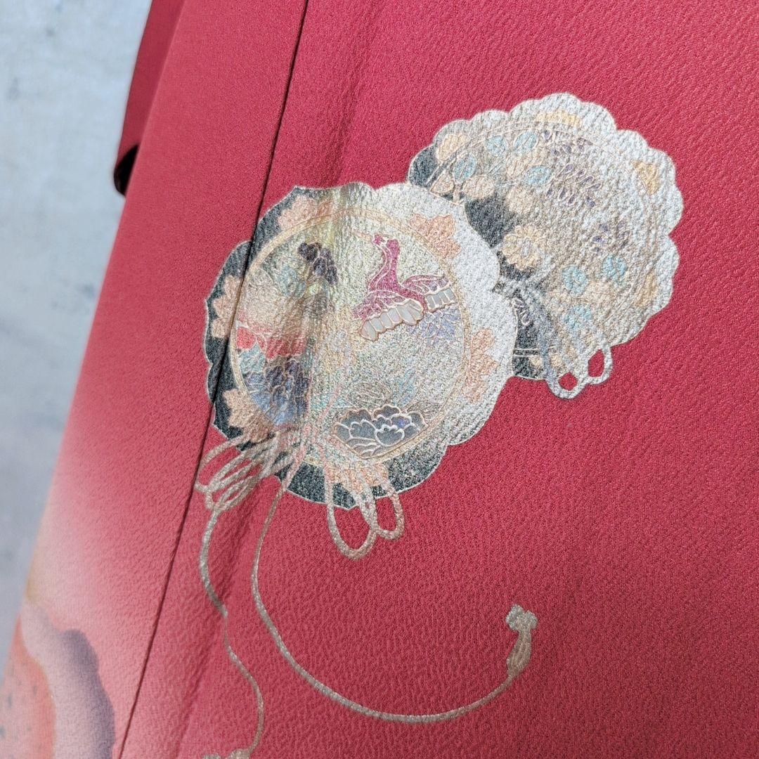 訪問着　フルセット　着物　正絹　赤　金　楽器　笛　バチ衿　O5