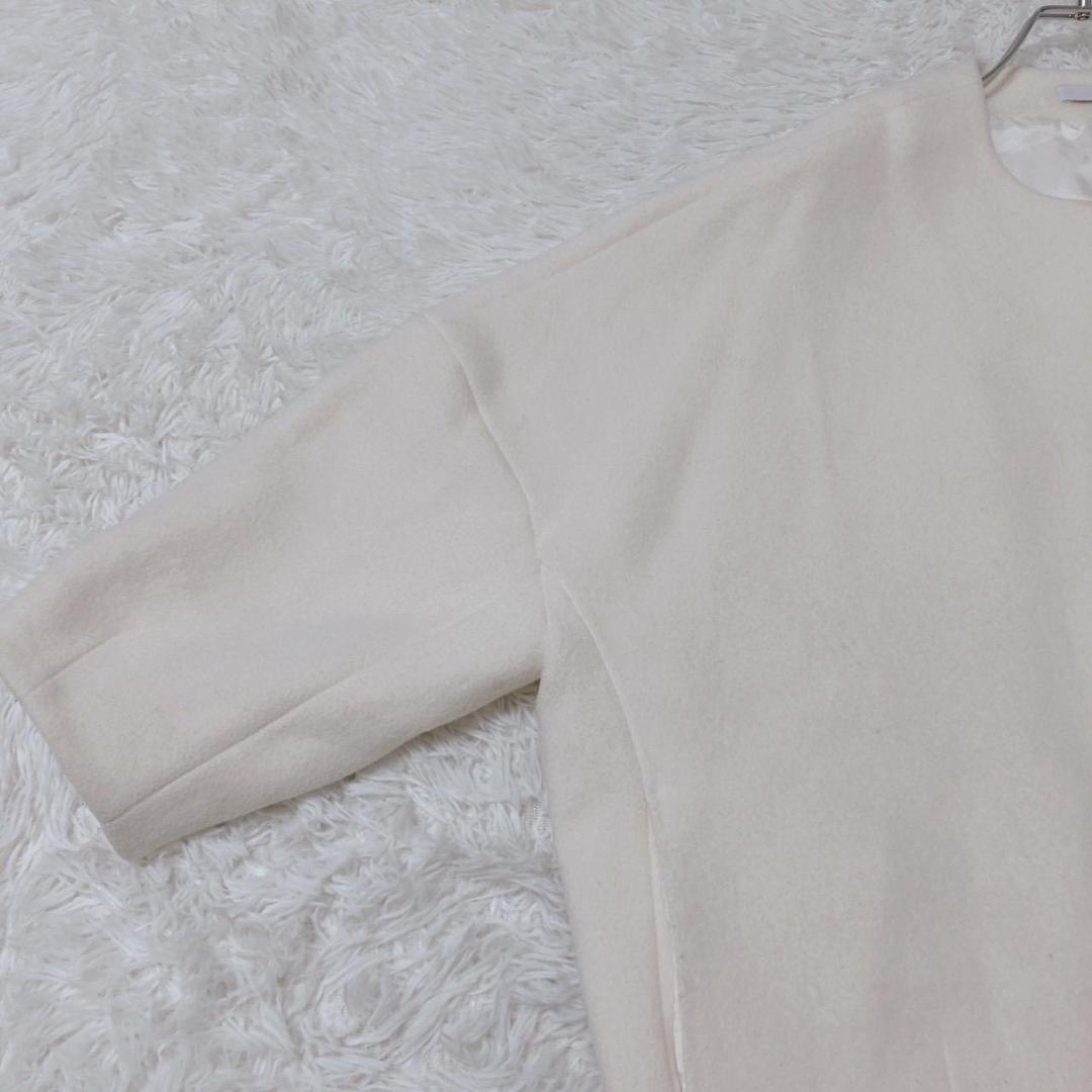 エムドット　ノーカラーコート　ミディアム丈　ウール混　上品　通勤　冬　アイボリー