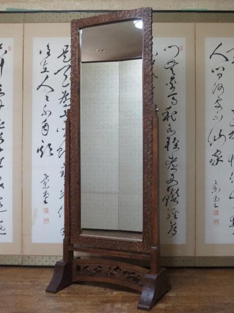 伝統工芸 軽井沢彫り 桜 彫刻 姿見 定価35万円/ミラー/鏡台/鏡