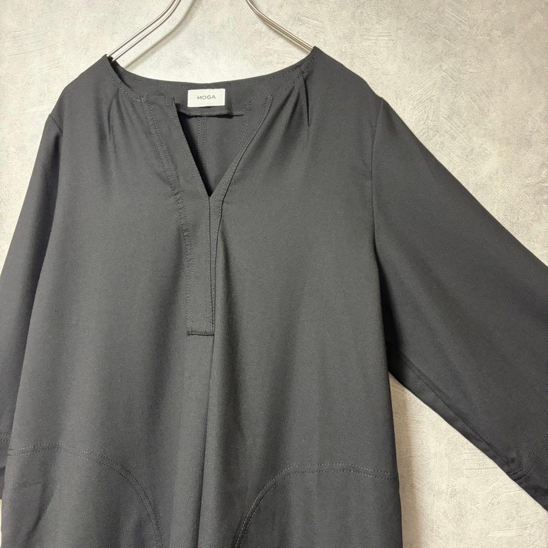 モガ MOGA ブラック ウール シャンブレー ワンピース Vネック 2 美品