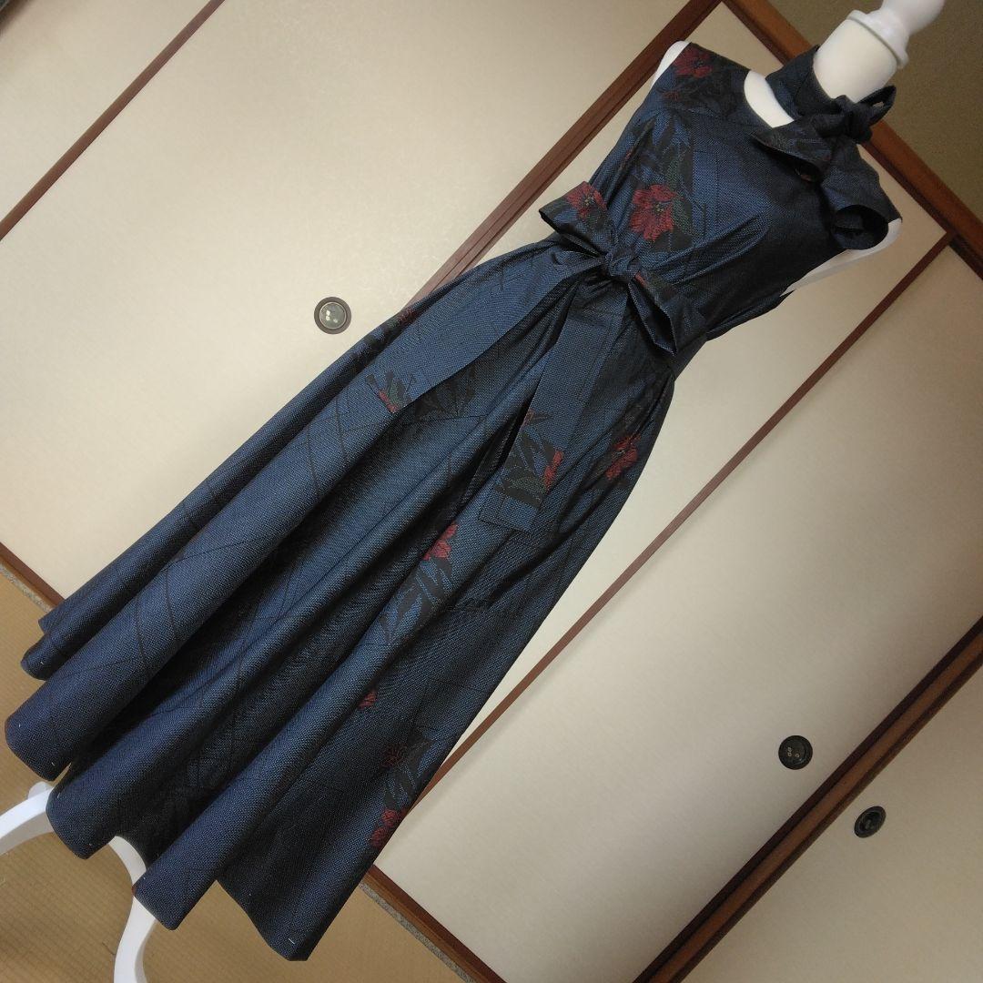 大島紬解き生地からバイアス仕立てロングフレアーワンピース　Ｍ寸