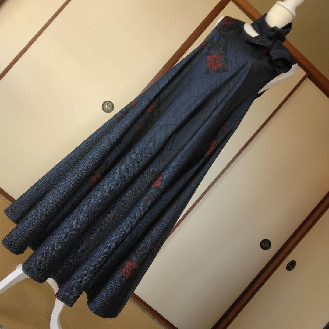 大島紬解き生地からバイアス仕立てロングフレアーワンピース　Ｍ寸