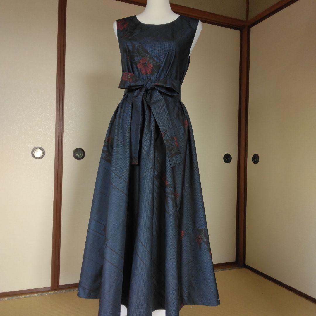 大島紬解き生地からバイアス仕立てロングフレアーワンピース　Ｍ寸