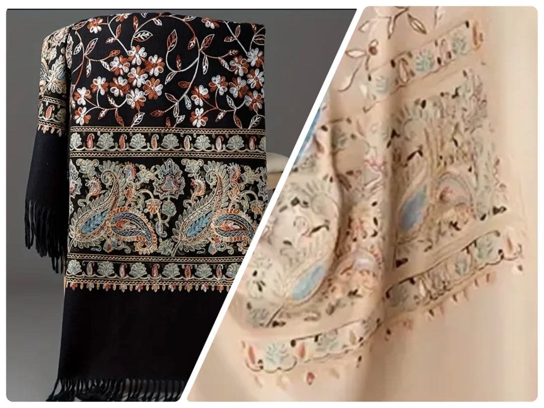 【うーたん】刺繍入りストール 黒とベージュ 計2枚