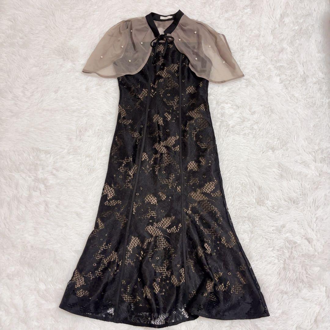 Leja パール付き ボレロ風ケープワンピース ドレス 結婚式　ブラック