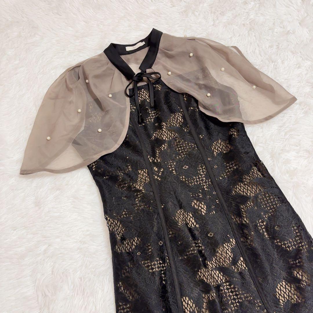 Leja パール付き ボレロ風ケープワンピース ドレス 結婚式　ブラック