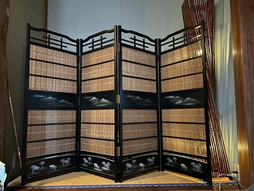 【昭和レトロ】和風 衝立 簾屏風 四曲 山水蒔絵 間仕切り