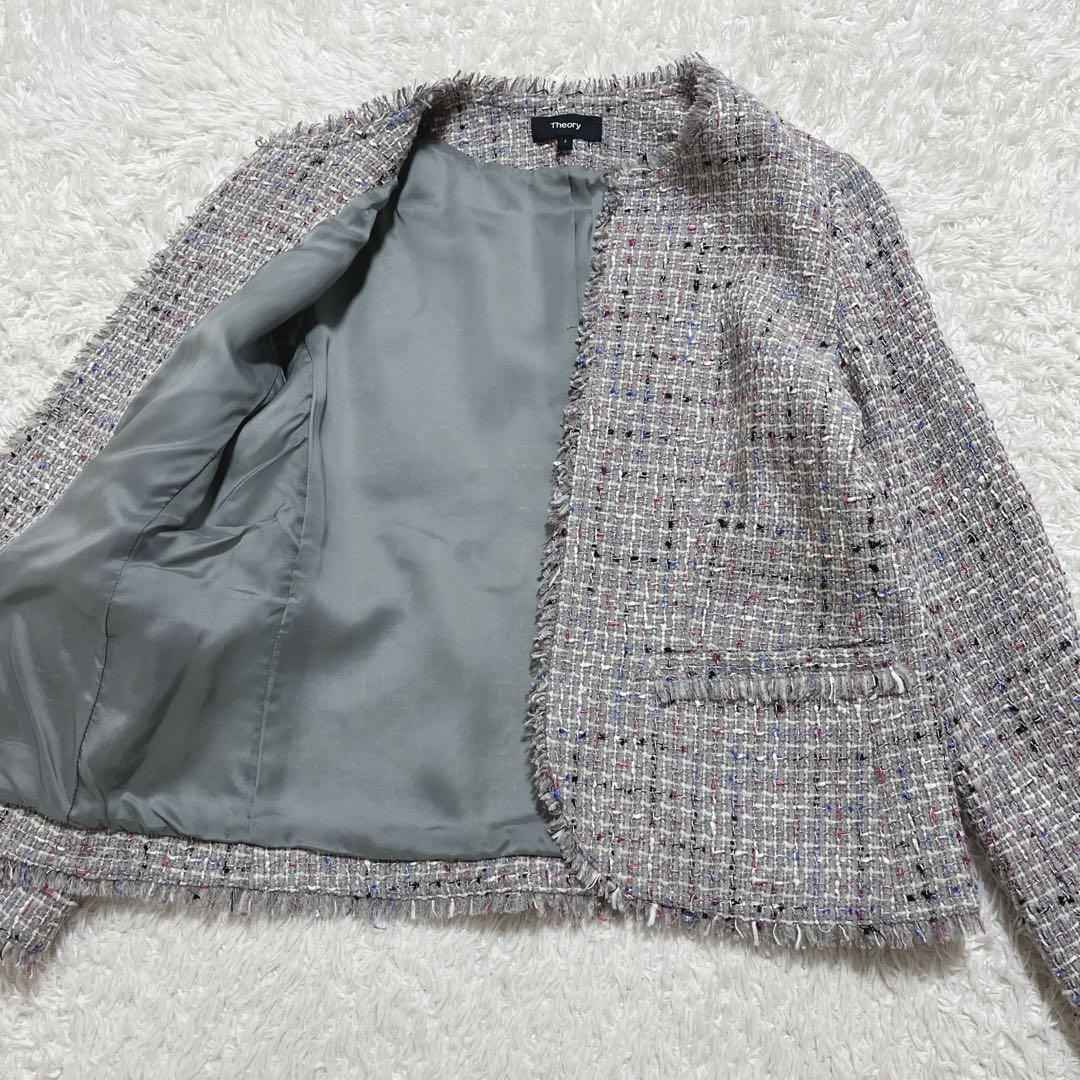 極美品✨Theory ノーカラージャケット　ミックスツイード　フリンジ　2