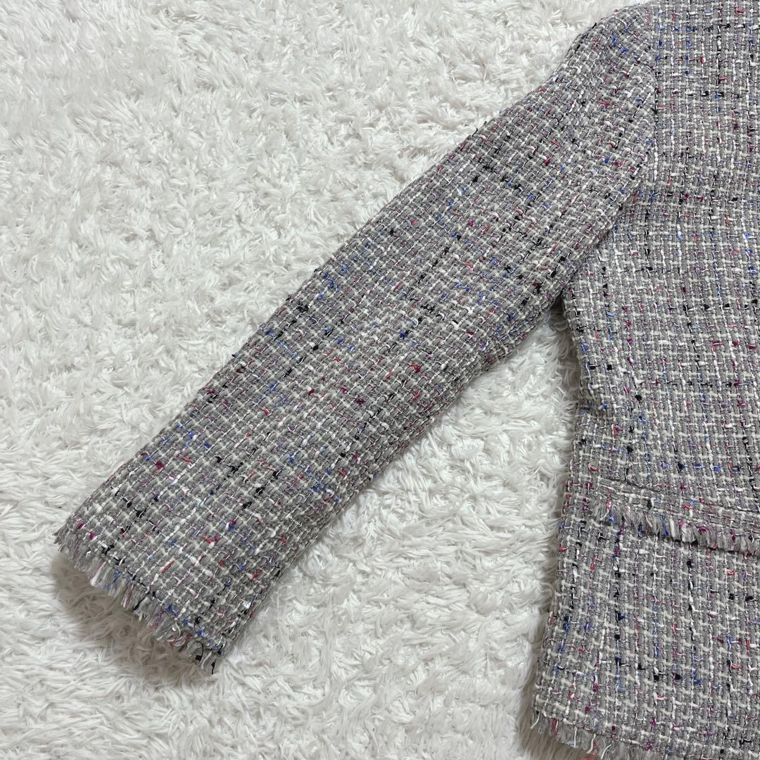 極美品✨Theory ノーカラージャケット　ミックスツイード　フリンジ　2