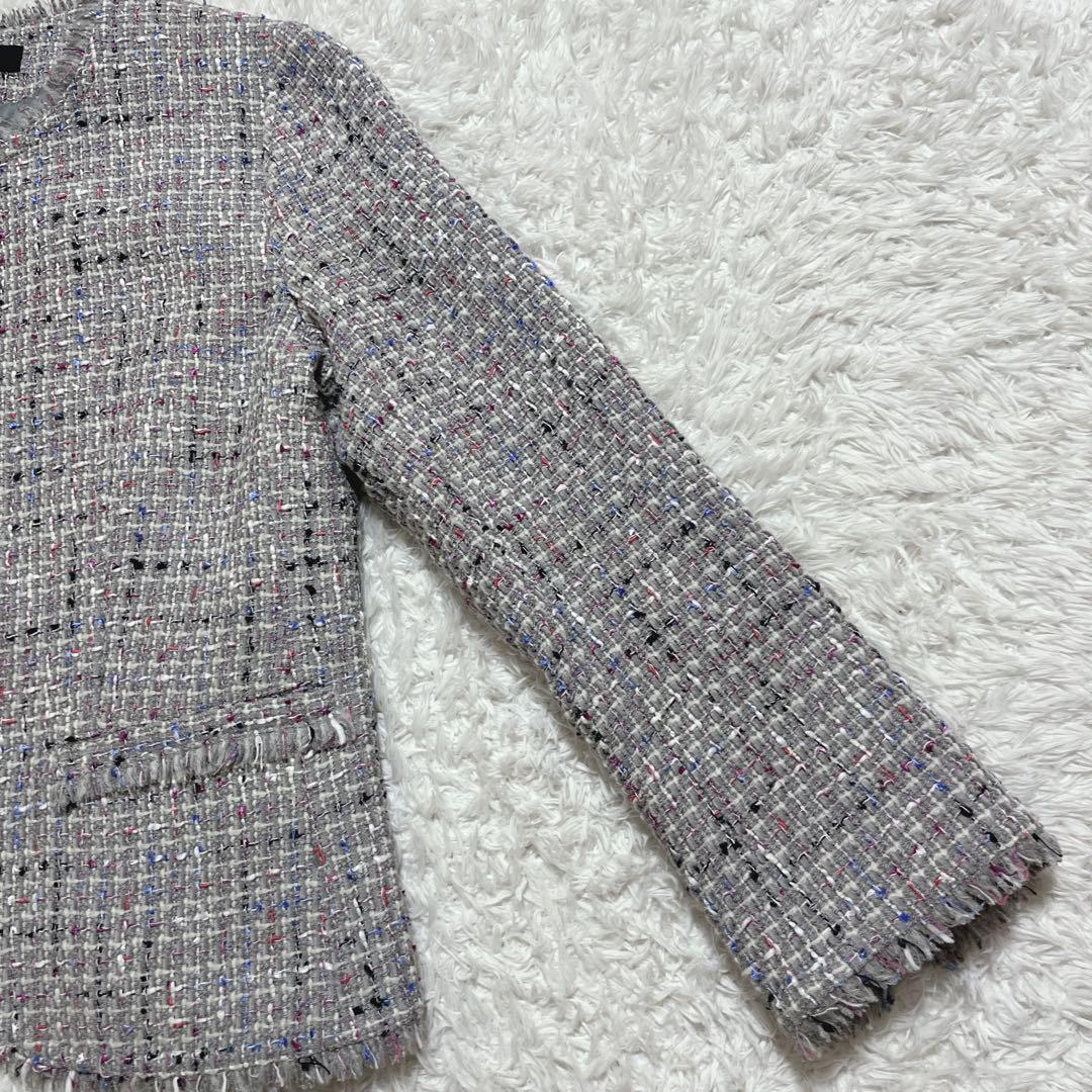 極美品✨Theory ノーカラージャケット　ミックスツイード　フリンジ　2