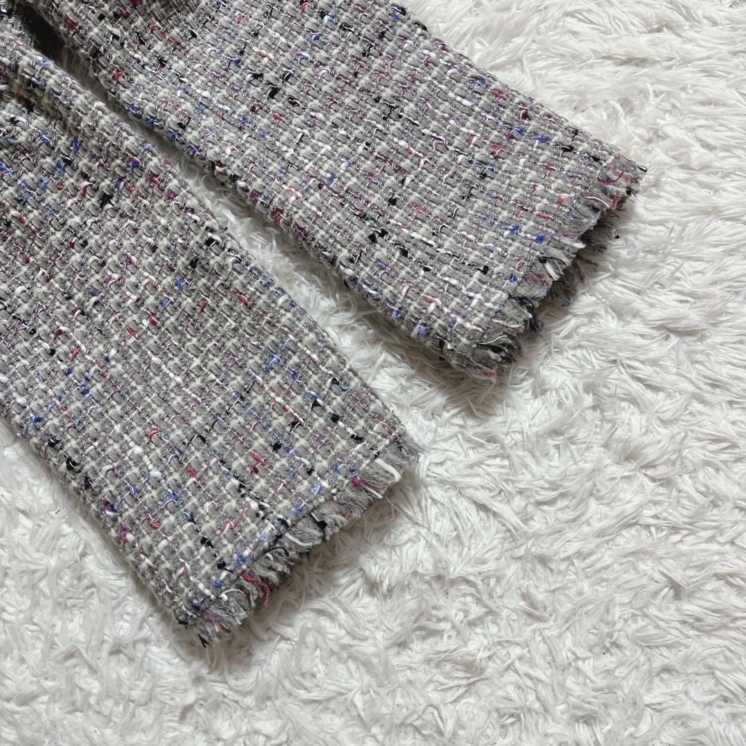 極美品✨Theory ノーカラージャケット　ミックスツイード　フリンジ　2