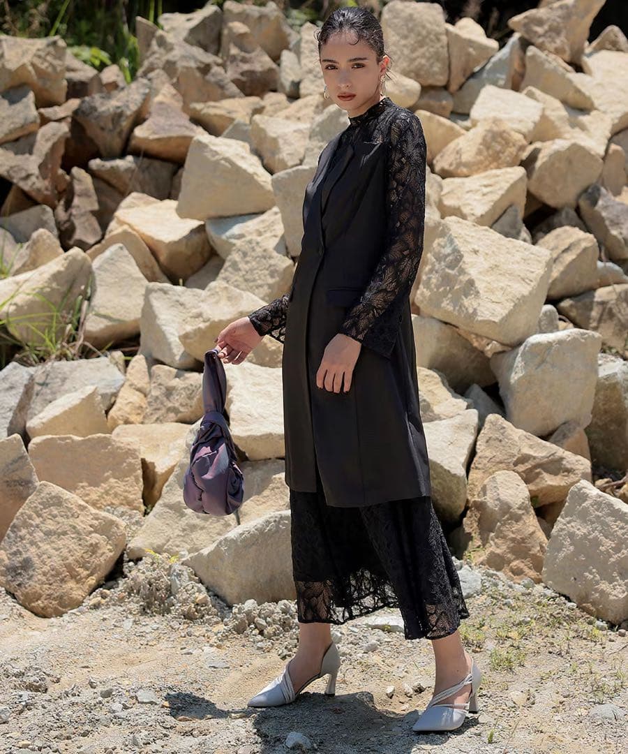 ジャケットドッキングデザインスタンドカラーレースワンピースドレスCallarus