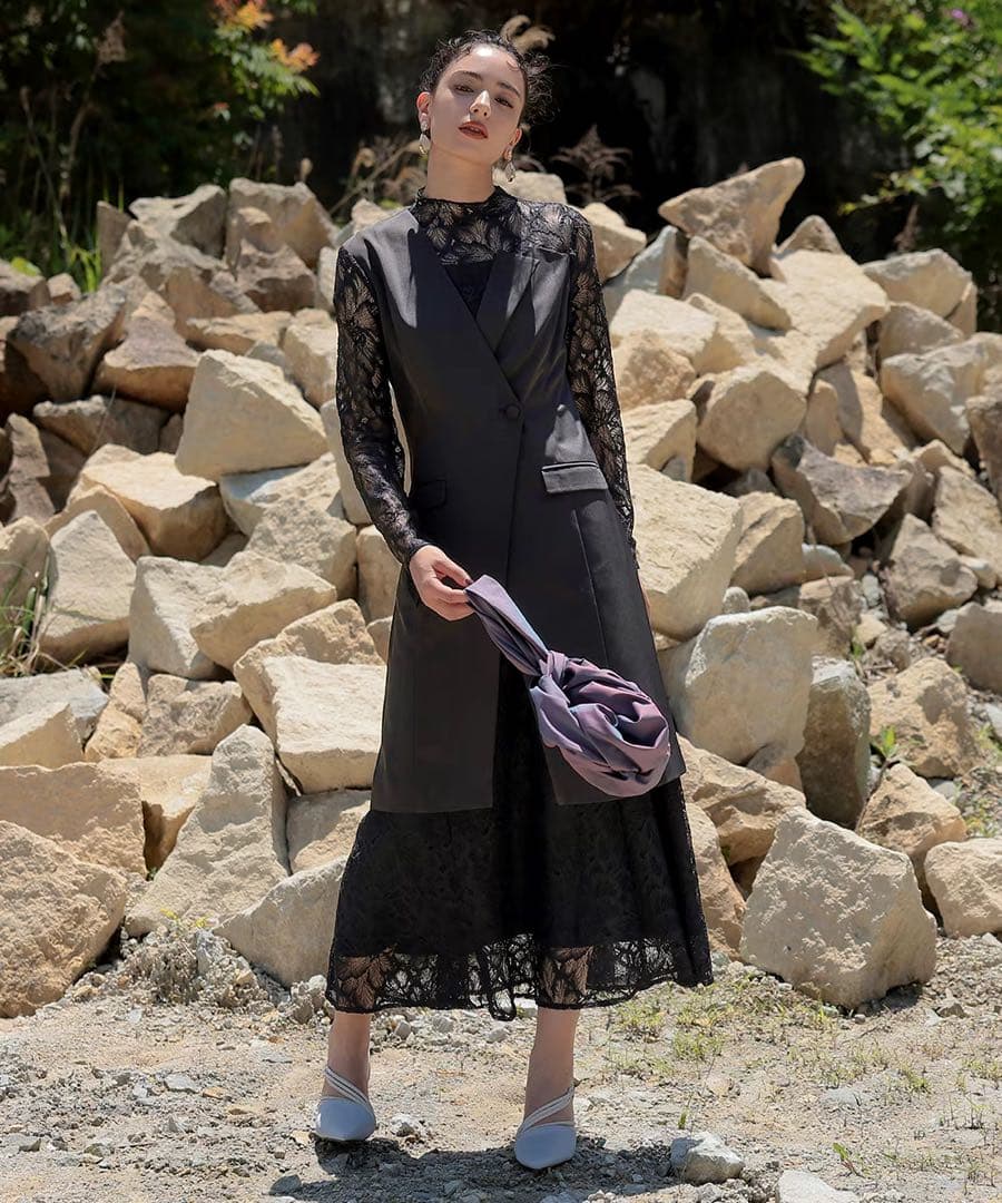 ジャケットドッキングデザインスタンドカラーレースワンピースドレスCallarus