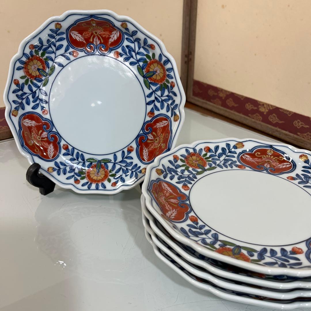 k,N❣️源右衛門　古伊万里錦唐花　銘々皿3枚　18センチ