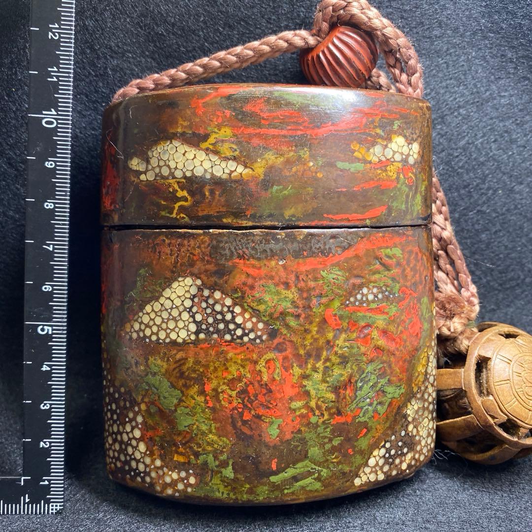 江戸時代　鮫皮蒔絵木彫根付印籠　木箱付　168g 東Y7-0306☆2Fトヒニ