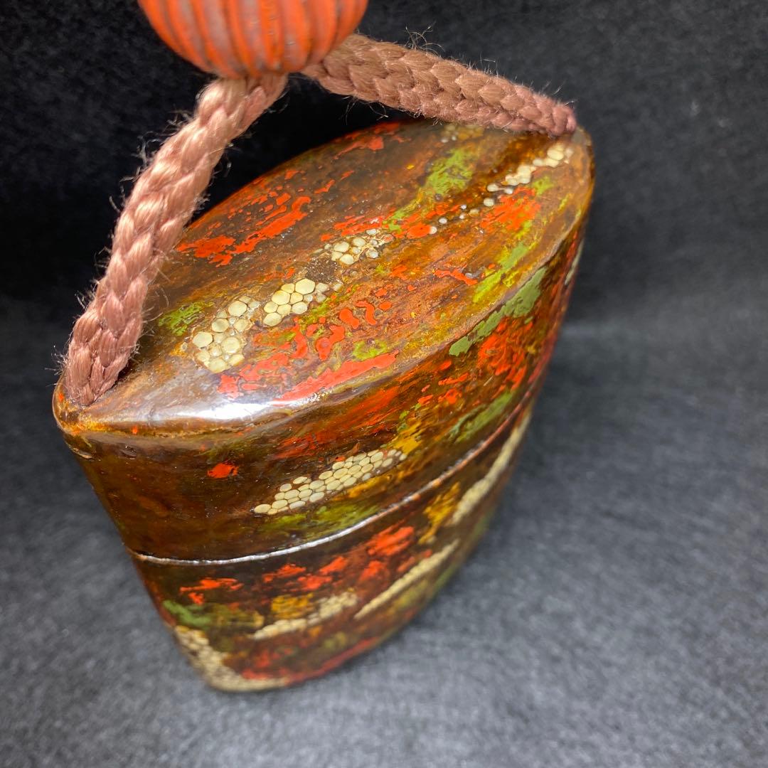 江戸時代　鮫皮蒔絵木彫根付印籠　木箱付　168g 東Y7-0306☆2Fトヒニ