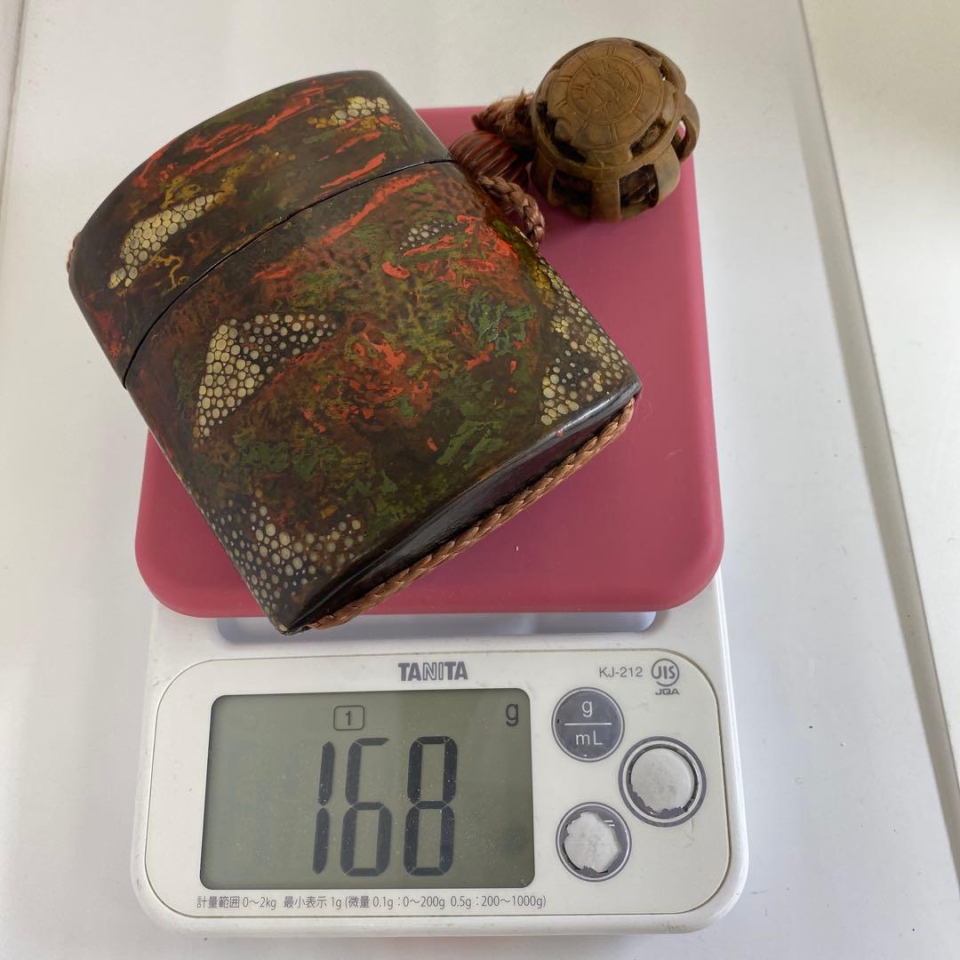 江戸時代　鮫皮蒔絵木彫根付印籠　木箱付　168g 東Y7-0306☆2Fトヒニ