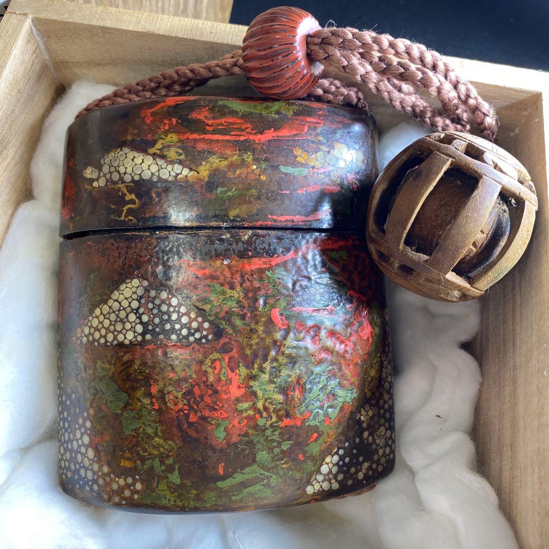 江戸時代　鮫皮蒔絵木彫根付印籠　木箱付　168g 東Y7-0306☆2Fトヒニ