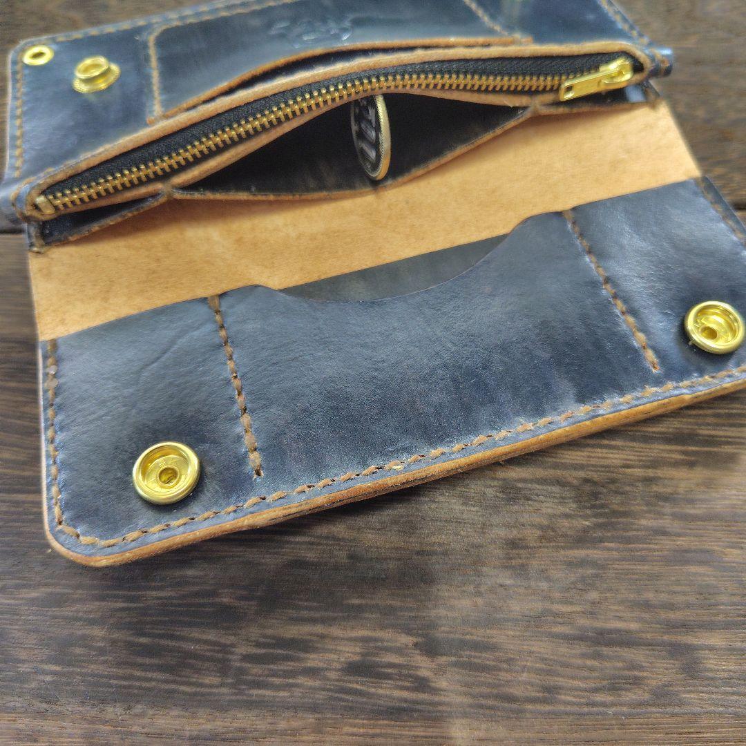 トラッカーウォレット　手染め　黒×ネイビー(68)