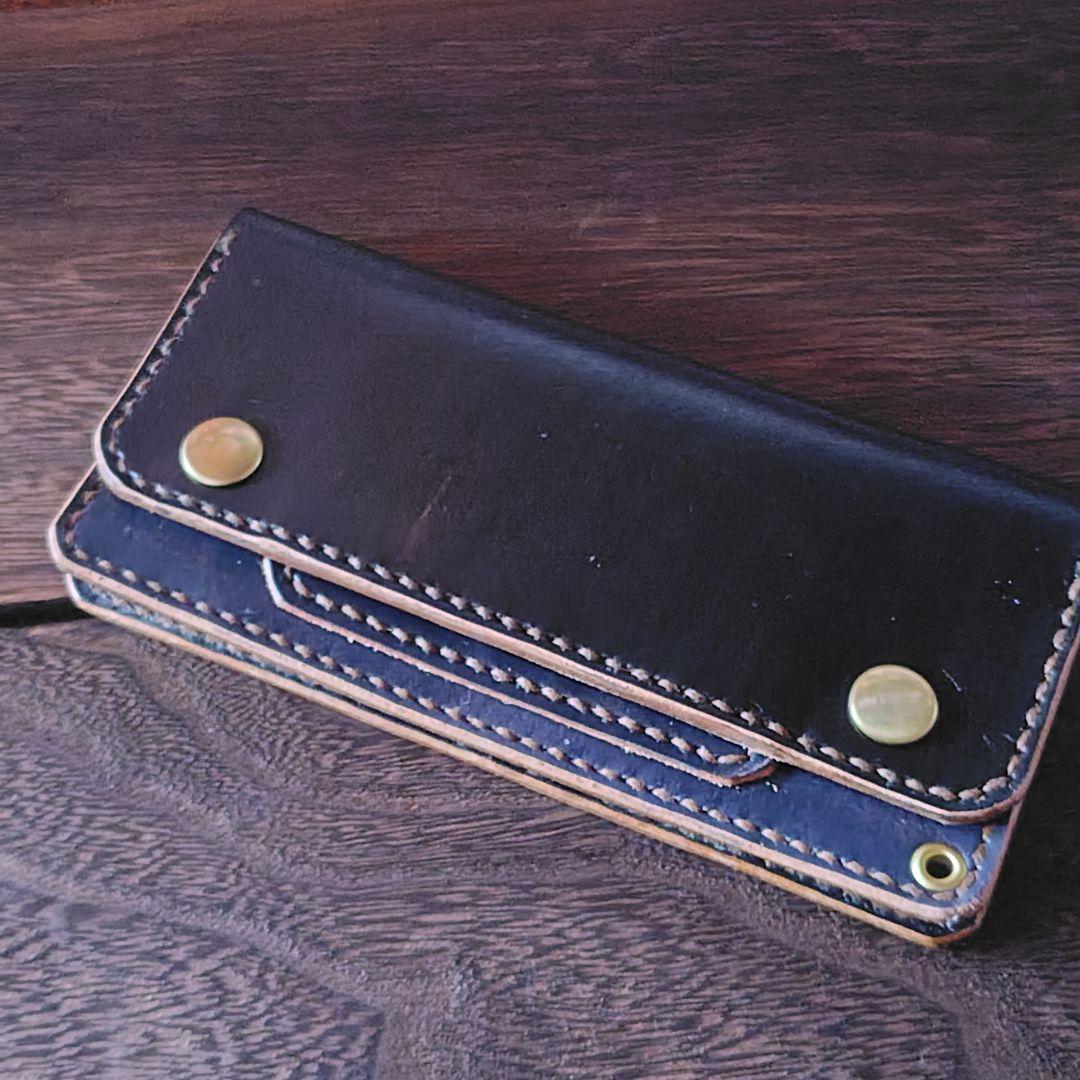 トラッカーウォレット　手染め　黒×ネイビー(68)