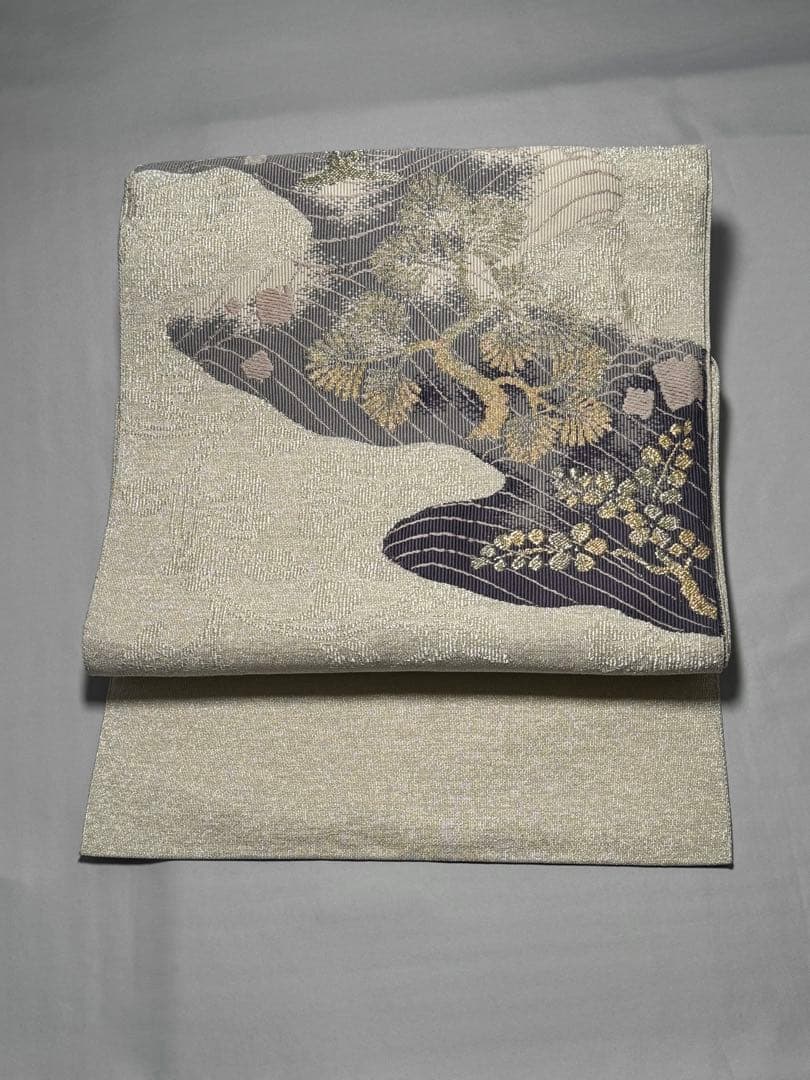 [ペーパームーン] 名古屋帯　正絹　お太鼓柄　銀　訪問着　付け下げ