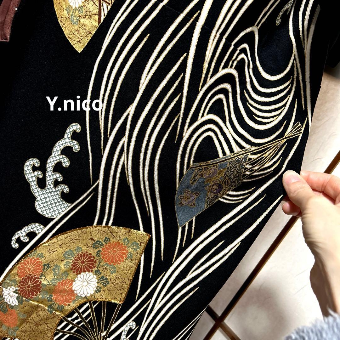 L着物リメイク 正絹 扇に白波 黒留袖 シンプルゆったりワンピース