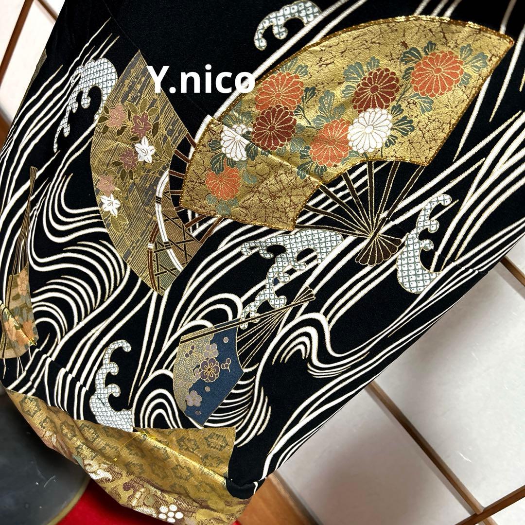 L着物リメイク 正絹 扇に白波 黒留袖 シンプルゆったりワンピース