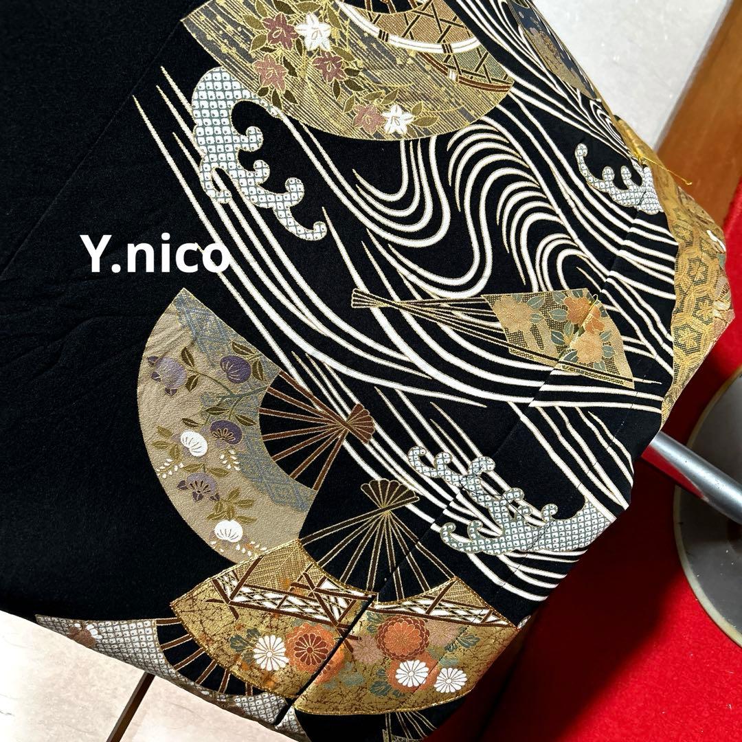 L着物リメイク 正絹 扇に白波 黒留袖 シンプルゆったりワンピース