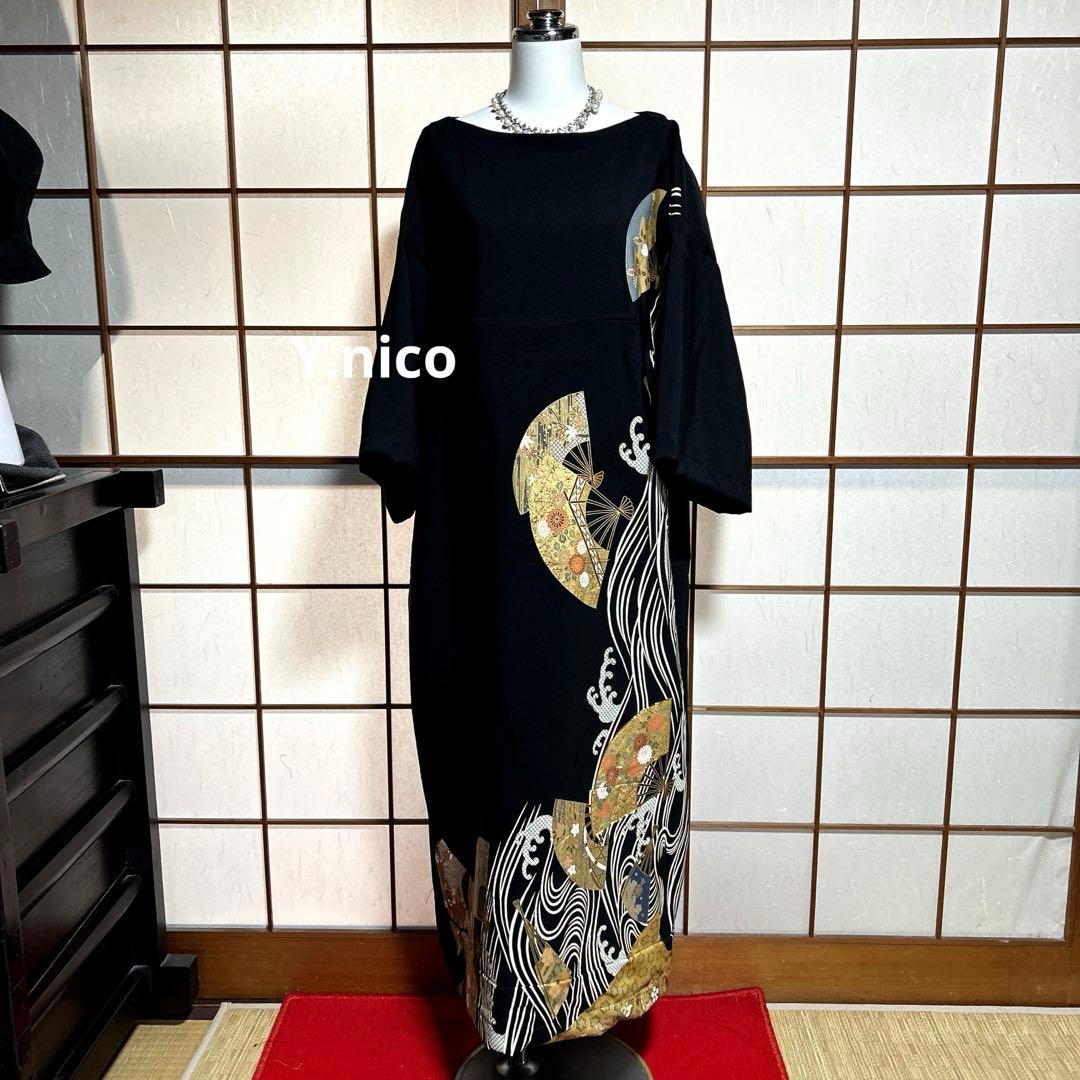 L着物リメイク 正絹 扇に白波 黒留袖 シンプルゆったりワンピース