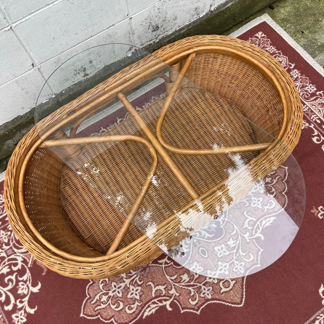 ナチュラル天然素材◾️ガラス天板×籐ラタンフレーム センターテーブル 籐家具